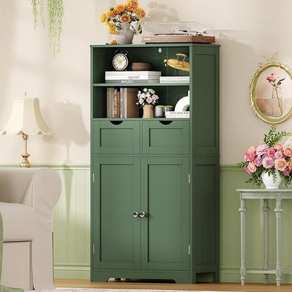 Iwell Bathroom Storage Cabinet with 2 Drawers & Adjustable Shelf, Storage Cabinet with Doors, Kitchen Pantry Storage Cabinets, Cupboard, for Living Room, Dining Room, Entryway, Green