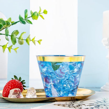 Nervure 240 PCS Blue Plastic Cups - 9Oz Gold Rimmed Plastic Cups - Heavy Duty Disposable Blue Cup with Gold Rim Perfect for Weddings, Receptions & Parties