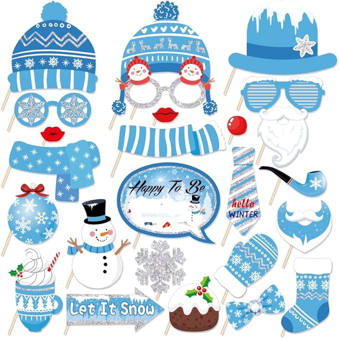 Snowman Photo Booth Props,Winter Wonderland Snow Booth Props(25CT)