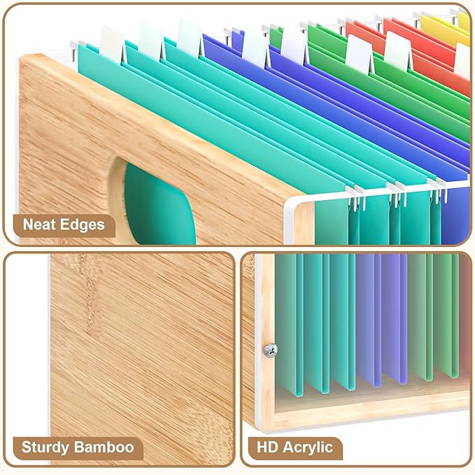 3 Pack Hanging File Organizer, Clear Acrylic File Box Organizer, Bamboo Filing Box File Crate Organizer Storage Boxes, Portable Filing Organizer with Handle for Letter Size