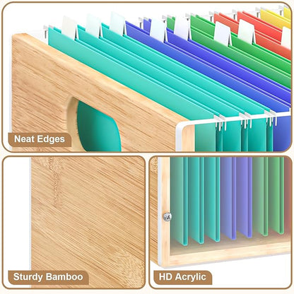 3 Pack Hanging File Organizer, Clear Acrylic File Box Organizer, Bamboo Filing Box File Crate Organizer Storage Boxes, Portable Filing Organizer with Handle for Letter Size