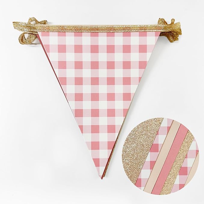 Dusty Rose Pink Buffalo Plaid Champagne Gold Party Decorations Pennant Banner Flag Hanging Glitter Paper Triangle Bunting for Women Girls Birthday Baby Shower Wedding Bridal Shower Hen Party Supplies