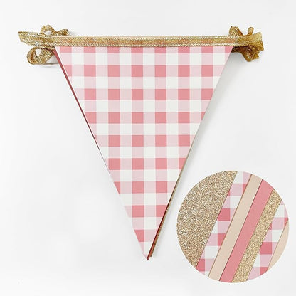 Dusty Rose Pink Buffalo Plaid Champagne Gold Party Decorations Pennant Banner Flag Hanging Glitter Paper Triangle Bunting for Women Girls Birthday Baby Shower Wedding Bridal Shower Hen Party Supplies
