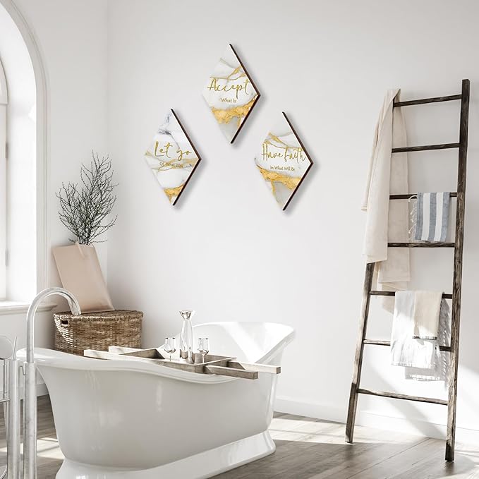 ONIZHITY 3 Pcs White Gold Bathroom Decor White Gold Wall Decor with Accept Let Go Have Faith Quote Rustic Vintage Farmhouse Wooden Hanging Signs for Home Living Room Bedroom Office(12x7 Inches)