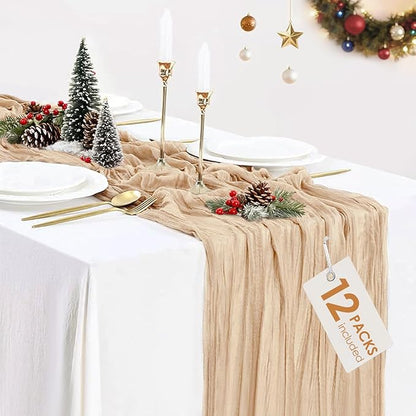 12 Pack Champagne Cheesecloth Table Runner 35x120 Inches, Christmas Cheese Cloth Table Runner 10FT Boho Sheer Gauze Runner for Bridal Shower Wedding Baby Shower Party Decor