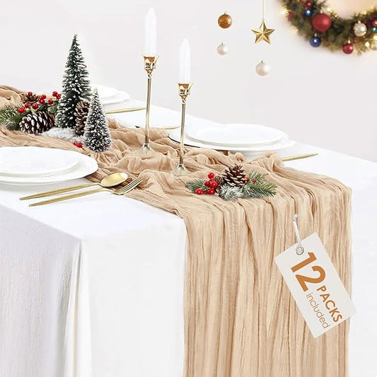 12 Pack Champagne Cheesecloth Table Runner 35x120 Inches, Christmas Cheese Cloth Table Runner 10FT Boho Sheer Gauze Runner for Bridal Shower Wedding Baby Shower Party Decor