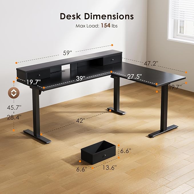 Casaottima 59 Inch Electric L-Shaped Standing Desk with Drawers, Height Adjustable Stand Up Corner Desk with Monitor Stand, Lift Table for Home, Office, Workstation, Black