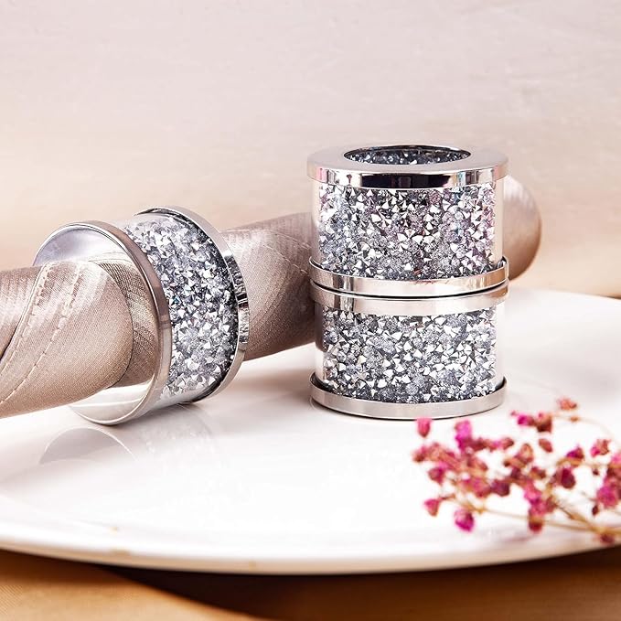 Silver Diamond Napkin Ring Glass Framed, Crystal Dinning Cloth Rings Set of 4 Piece, Glam Serviette Buckle Cloth Holder Sparkle Bling Crushed Diamond Table Decor Accessories