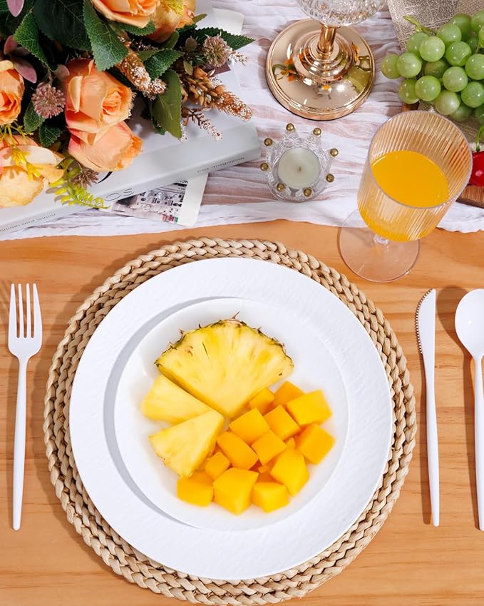 WONDERFUL 32pcs White Plastic Plates Reusable Unbreakable Dinnerware Set Dishes Set Dishwasher Safe Outdoor Plates Includes:16 Dinner 10" and 16 Dessert Plate 7.3" Ideal for Thanksgiving Christmas