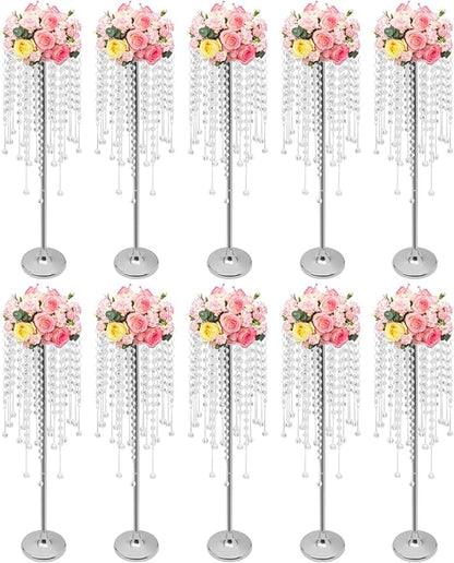 Wedding Centerpieces Silver Vases,10PCS Metal Flower Candle Holder with Sparkling Crystal Beads,Crystal Flower Vase Metal Flowers Stand for Party Tables Decorations (10PCS-Silver)