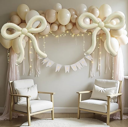 4 Pcs Beige Bow Balloons Cream White Bow Decorations for Girls Women Bow Themed Birthday Party Supplies for Baby Shower, Gender Reveal, Wedding, Bachelorette, One Silly Goose Event Decor