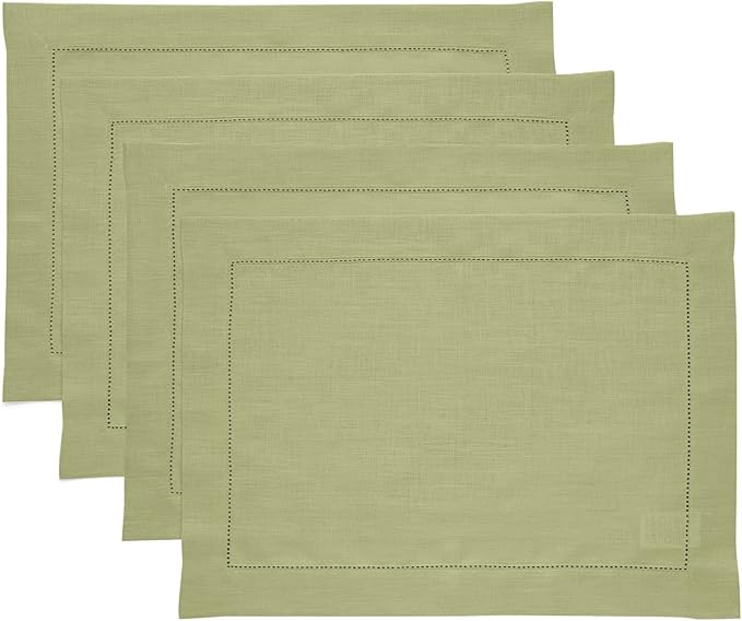 Solino Home Linen Placemats Set of 4 - Classic Hemstitch Moss Green Placemats 14 x 19 Inch - 100% Pure Linen Table Mats for Fall, Autumn, Winter