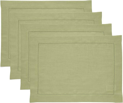 Solino Home Linen Placemats Set of 4 - Classic Hemstitch Moss Green Placemats 14 x 19 Inch - 100% Pure Linen Table Mats for Fall, Autumn, Winter