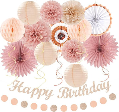 Blush-Pink Rose-Gold Fall Birthday Party-Decorations - 21pcs Boho Happy Banner Sign,Women Paper Lanterns Honeycomb,One Sweet Peach Streamers Garland,Girl Tissue Pom Poms Flowers Fans Decor Burgleda