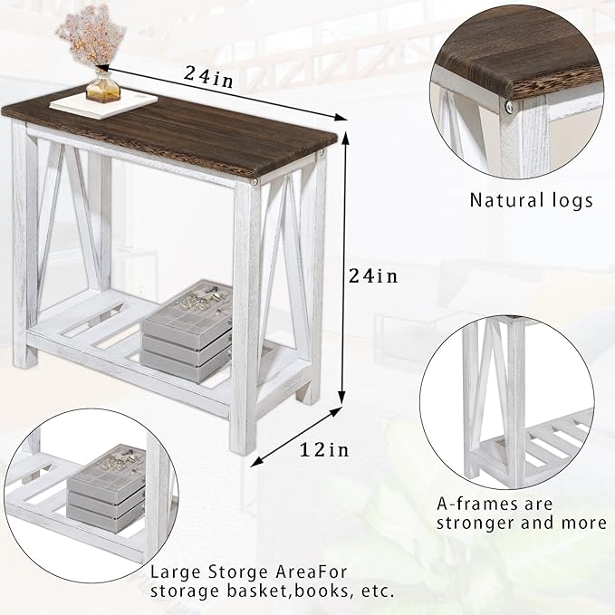 Farmhouse End Table Narrow Side Table Living Room Slim End Tables with Storage Shelf 2 Tier Nightstand for Bedroom Hallway Dormitory, Rustic Brown and White