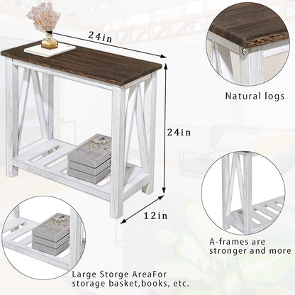 Farmhouse End Table Narrow Side Table Living Room Slim End Tables with Storage Shelf 2 Tier Nightstand for Bedroom Hallway Dormitory, Rustic Brown and White