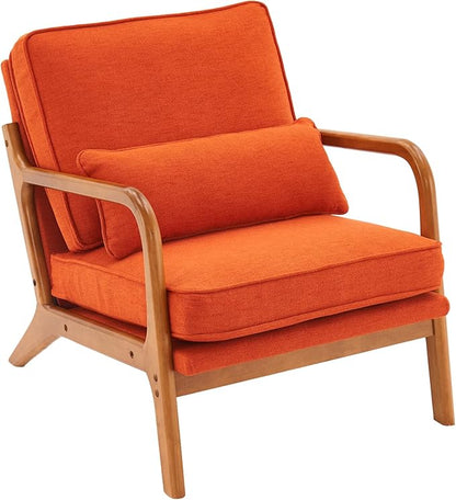 Bonnlo Linen Burnt Orange Mid Century Modern Accent Chair, Soild Wood Padding Lounge Armchairs Side Sitting Chairs for Living Room, Bedroom, Guest Room