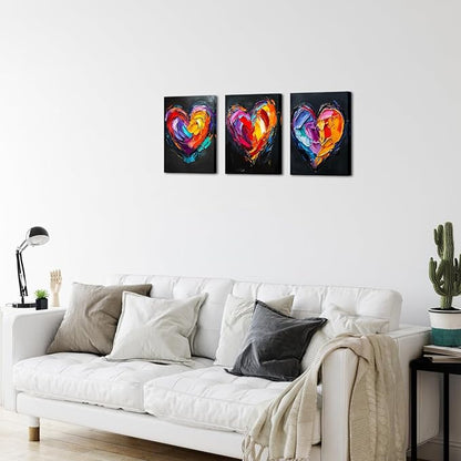 KLVOS 3 Panel Colorful Heart Wall Art Graffiti Canvas Prints Valentine's Day Love Art Abstract Paintings for Office Couple Bedroom Decoration
