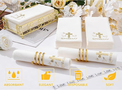 50 Pack Cross Paper Napkins - Baptism Napkins Disposable - Gold Cloth-Like Feel Dinner Paper - Heavy Duty Hand Towels for Religious Party, Confirmation, Christening, First Communion