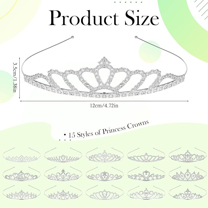 15 PCS Princess Crown for Women,Silver Crystal Tiara Crown,Rhinestone Princess Crowns Headband,Crystal Queen Tiaras,for Birthday Wedding Prom Bridal Party Pageant Halloween Christmas Costume
