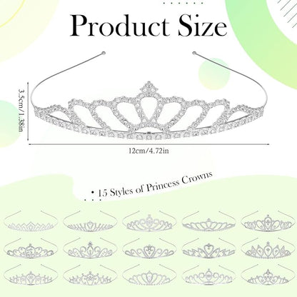 15 PCS Princess Crown for Women,Silver Crystal Tiara Crown,Rhinestone Princess Crowns Headband,Crystal Queen Tiaras,for Birthday Wedding Prom Bridal Party Pageant Halloween Christmas Costume