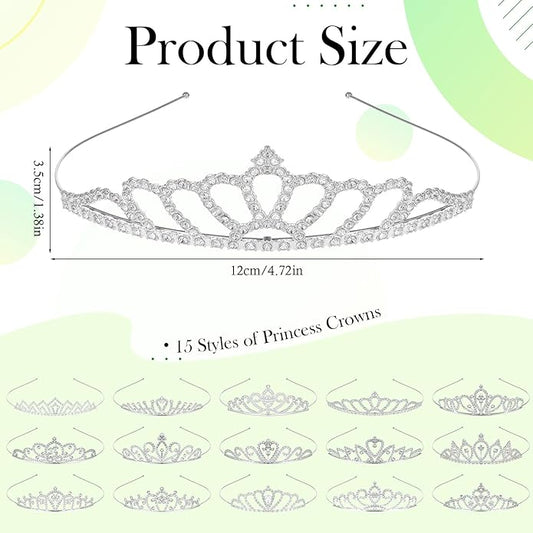 15 PCS Princess Crown for Women,Silver Crystal Tiara Crown,Rhinestone Princess Crowns Headband,Crystal Queen Tiaras,for Birthday Wedding Prom Bridal Party Pageant Halloween Christmas Costume