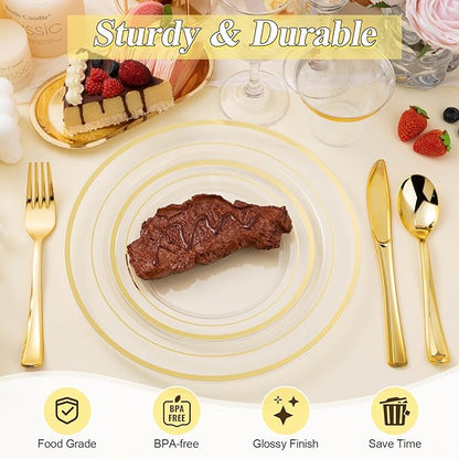 BESTSTAR 100PCS Clear Gold Plastic Plates Set, 50 10.25 inch Dinner Plates and 50 7.5 inch Dessert Plates, Disposable Plates for Party, Wedding