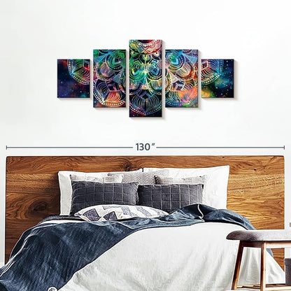 ElephantStock - Celestial Mandala Wall Art - Horizontal Multi Panel Canvas - 5 Piece Living Room Wall Decor - Digital Art Elements Multi Piece Wall Art - Turquoise And Blue Decor - 80" x 36"