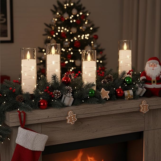 Raycare Flameless Candle with Remote Timer – 9 Flickering Acrylic Battery Operated LED Pillar Candles with Embedded Star String for Christmas, Home Decor, and as a Gift (White)