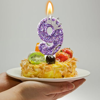 Purple Crown Birthday Candle, Glitter Number 9 Cake Topper With Sequins for Anniversary Celebrations Supplies