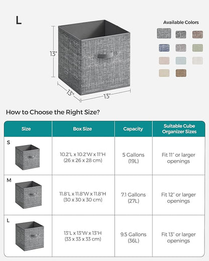 SONGMICS Storage Cubes, 13-Inch Non-Woven Fabric Bins with Double Handles, Set of 6, Closet Organizers for Shelves, Foldable, for Clothes, Cattail Gray UROB033G01