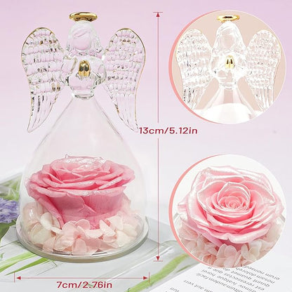 Miofula Preserved Flower Rose Birthday Gifts for Mom, Angels Figurines with Forever Real Rose Gifts for Women Mom Grandma, Angels Gifts for Valentines Anniversary (Pearlescent Pink)