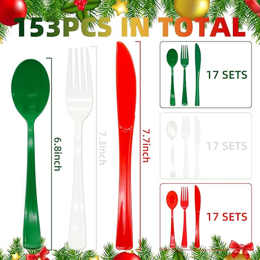 153 Pcs Christmas Plastic Silverware Heavy Duty Disposable Tableware Sets Includes Spoons Forks Knives for Christmas Party Decorations (Red Green White)
