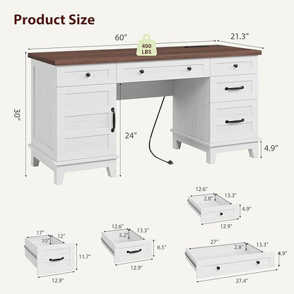 GarveeHome Executive Desk with File Drawers, Farmhouse Home Office Desk with Charging Station, 60 in Wooden Computer Desk with Cabinet Storage for Work Study Writing, White Walunt
