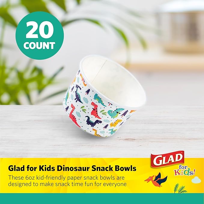 Glad for Kids Dinosaur Paper MINI Snack Bowls, Lids Not Included - Disposable Paper Cups with Dino Design for Kids, Heavy Duty Small Size, 6 Ounces, 20 Count