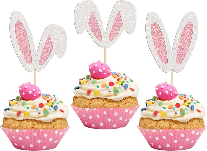 24Pcs Glitter Bunny Ears Cupcake Toppers Easter Rabbit Theme Happy Birthday Cupcake Picks for Bunny Happy Easter Baby Shower Birthday Spring Easter Party Cake Decorations