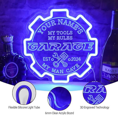 Custom Garage Neon sign for Wall Decor with Timing Remote, Personalized Gear Garage LED Neon Light for Man Cave, Home Bar, Workshop, Son Dad Birthday Gift BLUE