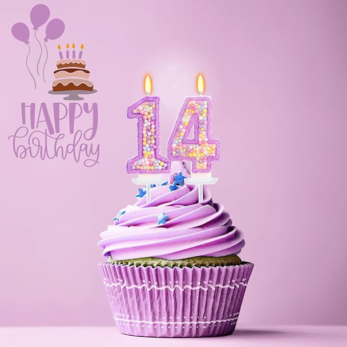 Purple Birthday Candles - Number 14 Candle, Colorful Macaron Candles, 14 Birthday Decorations for Girls, Purple Cake Decorations, Theme Party Supplies