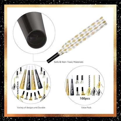 100pcs New Years Eve Party Supplies 2026 Black, Gold & Silver Party Blowers, New Years Decorations Noisemakers for Kids & Adults Nye Decorations