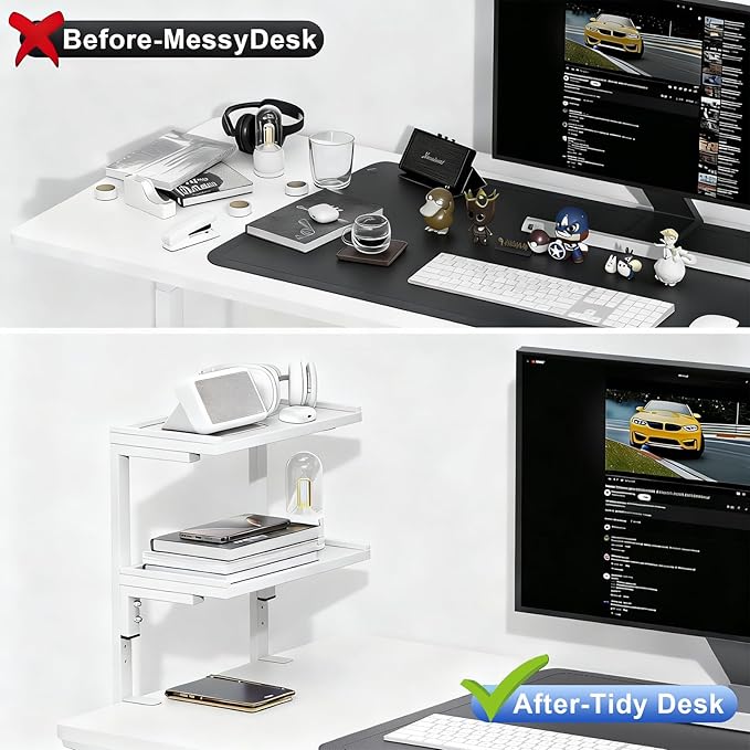 2-Tier Desk Shelf, Expandable Under Desk Storage, Clamp on Desk Shelf, Desktop Accessories for Offices, Study Rooms, and Game Rooms (White)