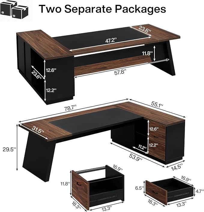 Tribesigns 78" L-Shaped Executive Desk, Large Office Desk with Drawers and File Cabinet, Modern Business Furniture for Home Office (Walnut & Black)