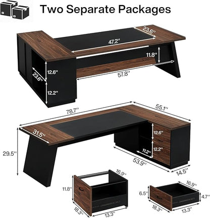 Tribesigns 78" L-Shaped Executive Desk, Large Office Desk with Drawers and File Cabinet, Modern Business Furniture for Home Office (Walnut & Black)