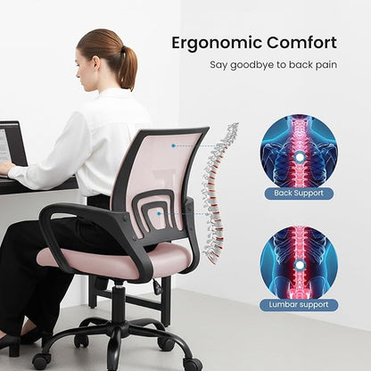 DUMOS Home Office Chair - Ergonomic Mid Back Mesh Desk Chair with Lumbar Support & Rocking Mode, Height Adjustable with Fixed Armrest, for Computer, Gaming, Meeting, 360° Swivel, Pink