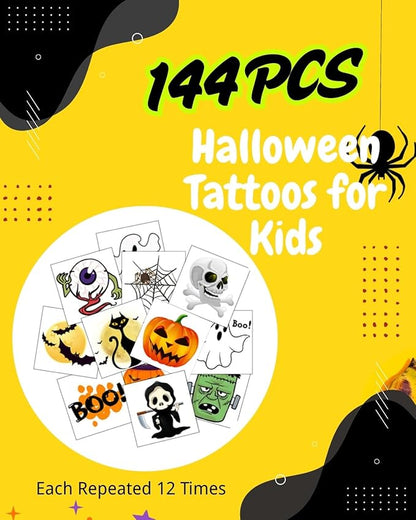 Halloween Temporary Tattoos for Kids - 144 Pack, 2" Size, Pumpkin, Skull, Ghost, Monster Designs | Boys & Girls Halloween Party Favors, 12 Unique Designs