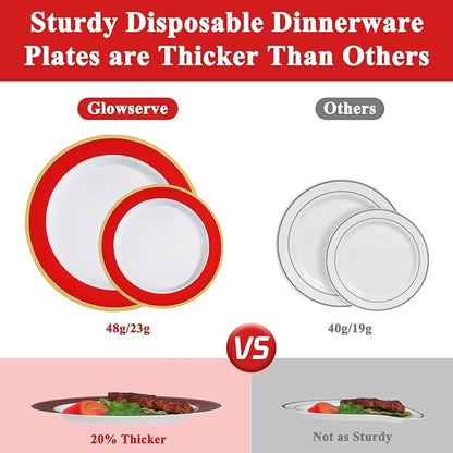 100Pack Plastic Plates Disposable Heavy Duty for Christmas Include 50PCS 10.25inch Dinner plates and 50PCS 7.5inch Dessert Plastic Plates for Party Wedding Birthday New Year,Red