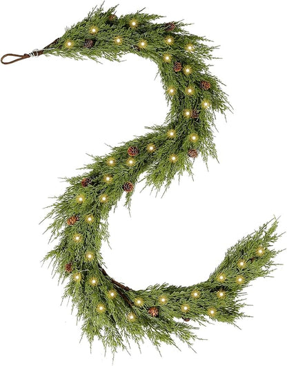 WBHome Real Touch Cypress Cedar & Pine Cone Evergreen Garland for Christmas Holiday Seasonal Outdoor/Indoor Home Decor, 6FT Long