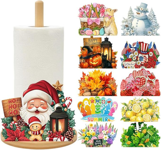Bamboo Paper Towel Holder with 11 Set Interchangeable Holiday Signs, Rustic Kitchen Decor | Seasonal Countertop Stand for Christmas,Spring,Summer,Fall,Winter,Valentine's Day,Easter,Halloween,