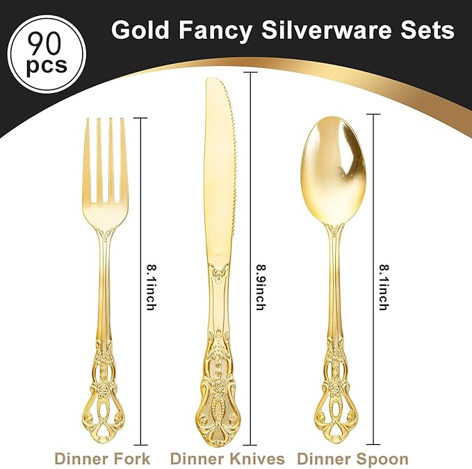 90 Pieces Gold Plastic Silverware - Heavy Duty Gold Disposable Utensils - Fancy Plastic Cutlery Set Includes 30 Forks, 30 Spoons, 30 Knives for Dinner Parties Weddings