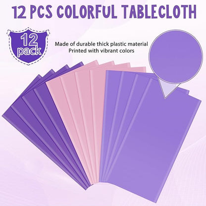 MASHAN 12pcs Assorted Color Purple Pink Tablecloths Disposable Plastic Table Cloth Rectangle Table Covers for Lavender Butterfly Theme Party Birthday Wedding Picnic Home Party Decoration,108 * 54inch