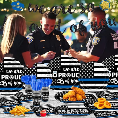 142Pcs Police Academy Graduate Party Supplies We Are So Proud Of You Police Theme Plates and Napkins Congrats Officer Party Decorations for Police Retirement Grad Graduation Promotion Party Serves 24